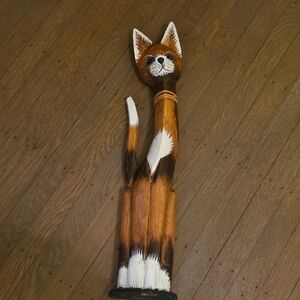 Handcrafted Wooden Cat Sculpture - Brown and White. 25" Tall